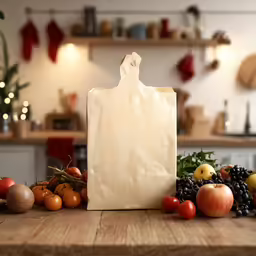 a paper bag is on a table with fruit
