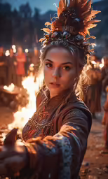 a woman with feathers in her hair standing in front of a fire
