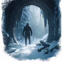 an illustration of a man walking into a snow covered tunnel
