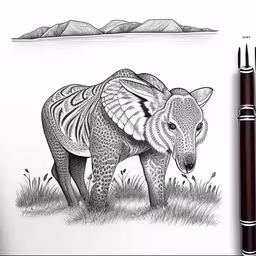 the drawings of animals are made in a pencil,an elephant is standing near a water and rocks