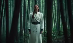 the girl in the forest is dressed up and looking out
