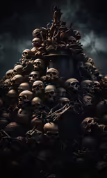 an illustration of a huge pyramid made up of skulls