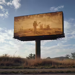 an old billboard showing the image of soldiers on a background