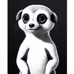a large white meerkat is standing with big eyes