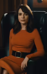 a woman in orange dress sitting on a chair