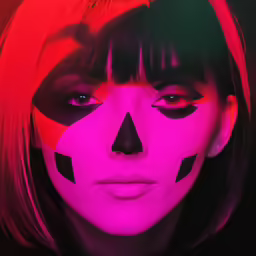a woman with red and black face paint wearing a black and pink geometric pattern