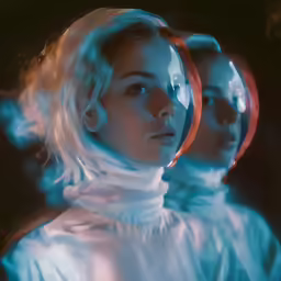 a woman with glowing hair stands behind another woman wearing a white outfit