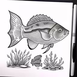 the pencil drawing shows an image of a large fish,drawing of a fish next to corals and other marine life,a pencil drawing of a fish and fishlings on a paper,this is a drawing of an aquarium fish,a pencil drawing of a fish in a pen