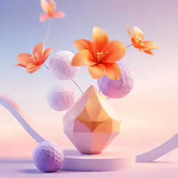 a beautiful vase with flowers and golf balls on a display shelf