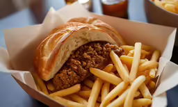 a sandwich and french fries with onion rings