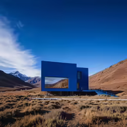 a blue house on the side of a dirt road