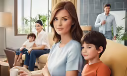 a family sitting on a couch in the living room