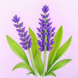 drawing purple flowers and green leaves in a sketchbook,purple flowers are on a light purple background