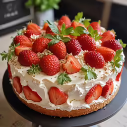 fresh strawberries are layered on top of this cake