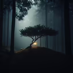 a single light shines in the dark, as it stands among tall trees in a dark forest