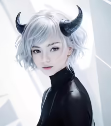 a person with horns and hair wearing black