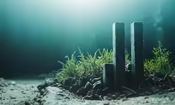 two stones with grass growing from them sitting on the ground