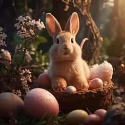 a rabbit sitting in a basket filled with eggs