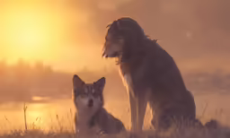 two dogs are sitting together on a field near a lake