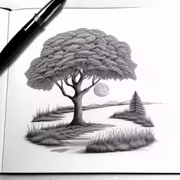 a drawing of a tree with a river in the background,a pen drawing of a tree and lake,a pencil drawing of a tree and a moon,a drawing of a tree is shown with the moon,a drawing with a pen on the page