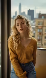 a woman is posing next to a window