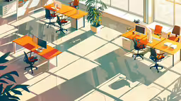 an office area with two long desks and two chairs in the center,a modern office room with many chairs and table, surrounded by large windows