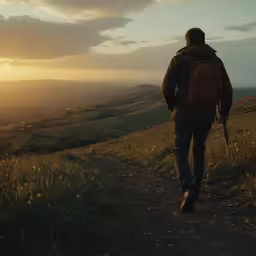 man with backpack hiking up the hill at sunset