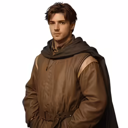 a man in brown is standing on a white background