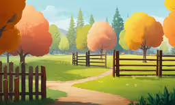 the road leads up to a fenced in field,the pathway goes through an apple orchard in autumn