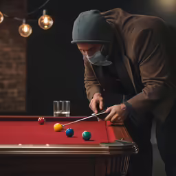 a man with a face mask is playing pool