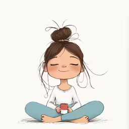 the girl is sitting in a lotus position with her face closed while holding a coffee cup