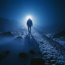 man standing alone on snowy path in the moonlight