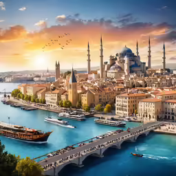 a bridge spanning over a river with boats and ships on it
