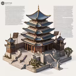 3d model of a building with multiple levels and features