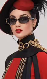 a woman in a black and red hat, sunglasses and a jacket with large beads and a black hat on her head