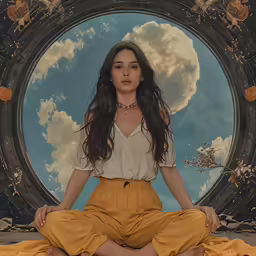 the girl sits in a pose on a rug