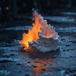 a white flower on top of water and orange fire