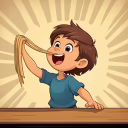 a young boy holding up a spaghetti in his hand