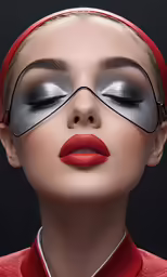 a woman wearing silver and red makeup with eye shadow