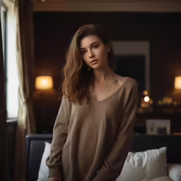 a beautiful woman standing in front of a window