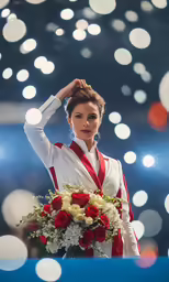 a girl in white and red attire with a bouquet