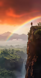 a person standing on top of a cliff above a waterfall