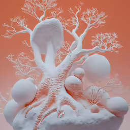 a white sculpture with many balls of snow on it