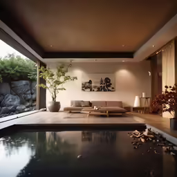 a living room that has an indoor pool in it