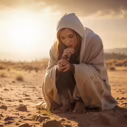 a woman in a blanket praying in the desert