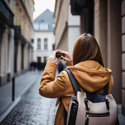 a woman is taking a photo while standing on the street