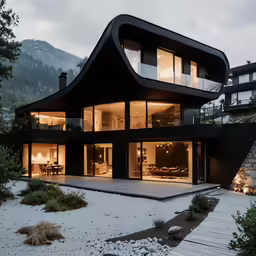 this house has an unusual black and white exterior