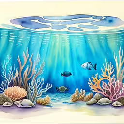 an ocean scene is displayed in this watercolor painting,an ocean scene with many colorful corals and fish,the underwater scene has different types of fishes and other marine life,underwater scene with blue waters and white reef,a painting of the ocean with fish