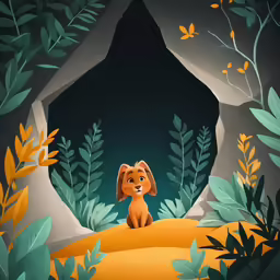 an illustration of a fox and the forest with a dog sitting in the middle