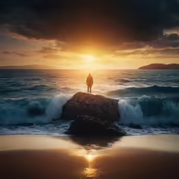 a man standing on a rock near the water